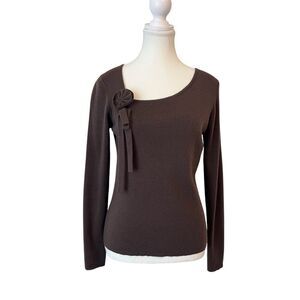 Ann Taylor LOFT Merino Wool Cashmere Blend Dark Chocolate Brown Knit Top Medium